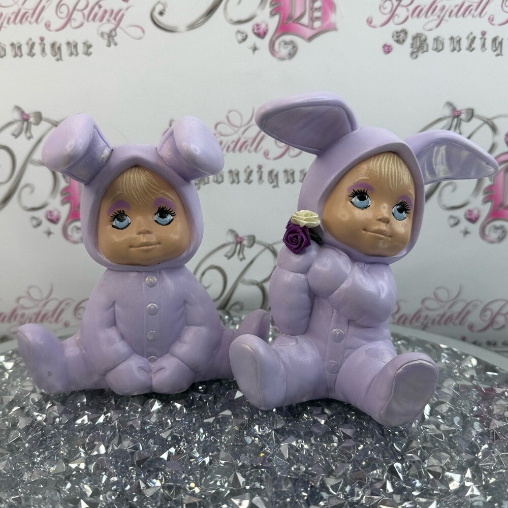 Chalkware decor bunnies vintage set 2 Lavender Bunny Baby Figurines - Pair