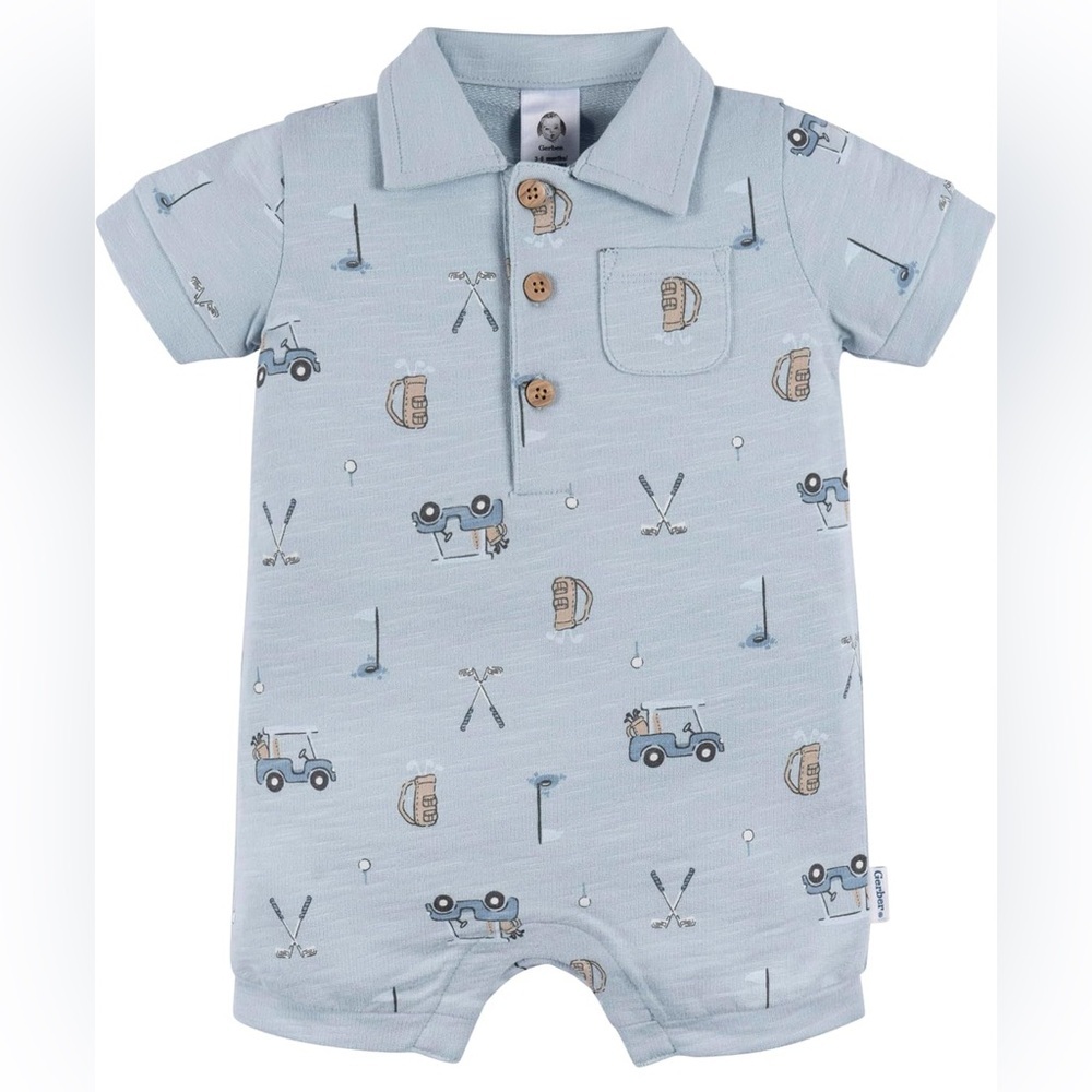 Gerber Baby Blue Golf Print Romper - 3-6m
