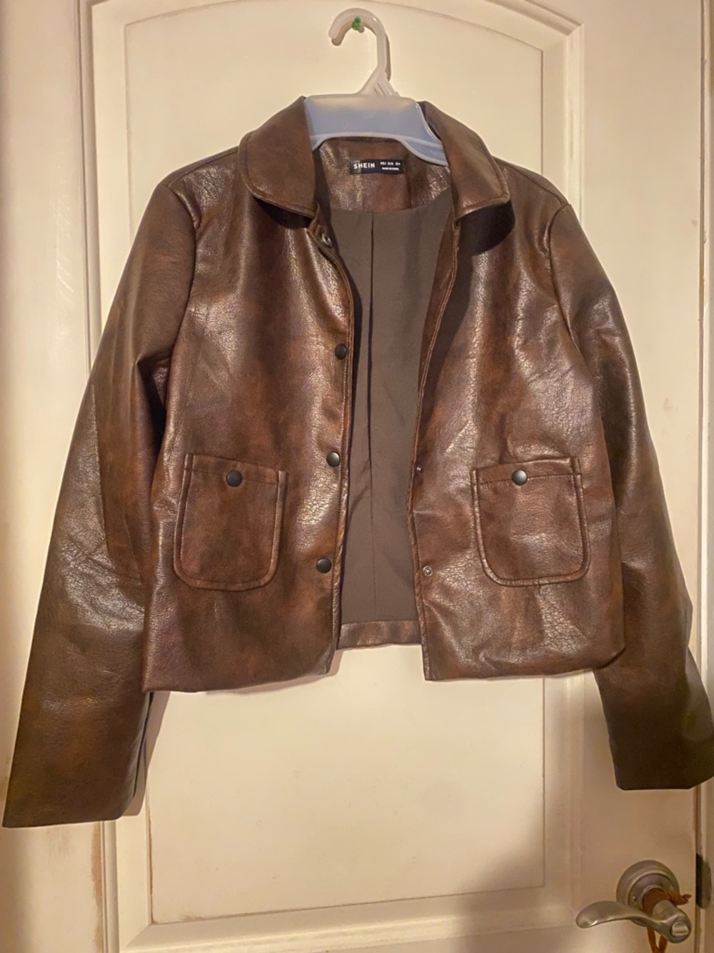 SHEIN Brown Button-Front Leather Jacket for Women