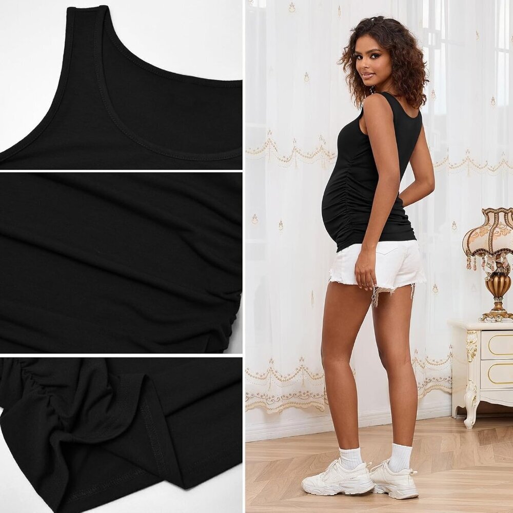 Maternity Tank Top Women Sleeveless Basic Ruched Pregnancy Tee - Picture 5 of 6