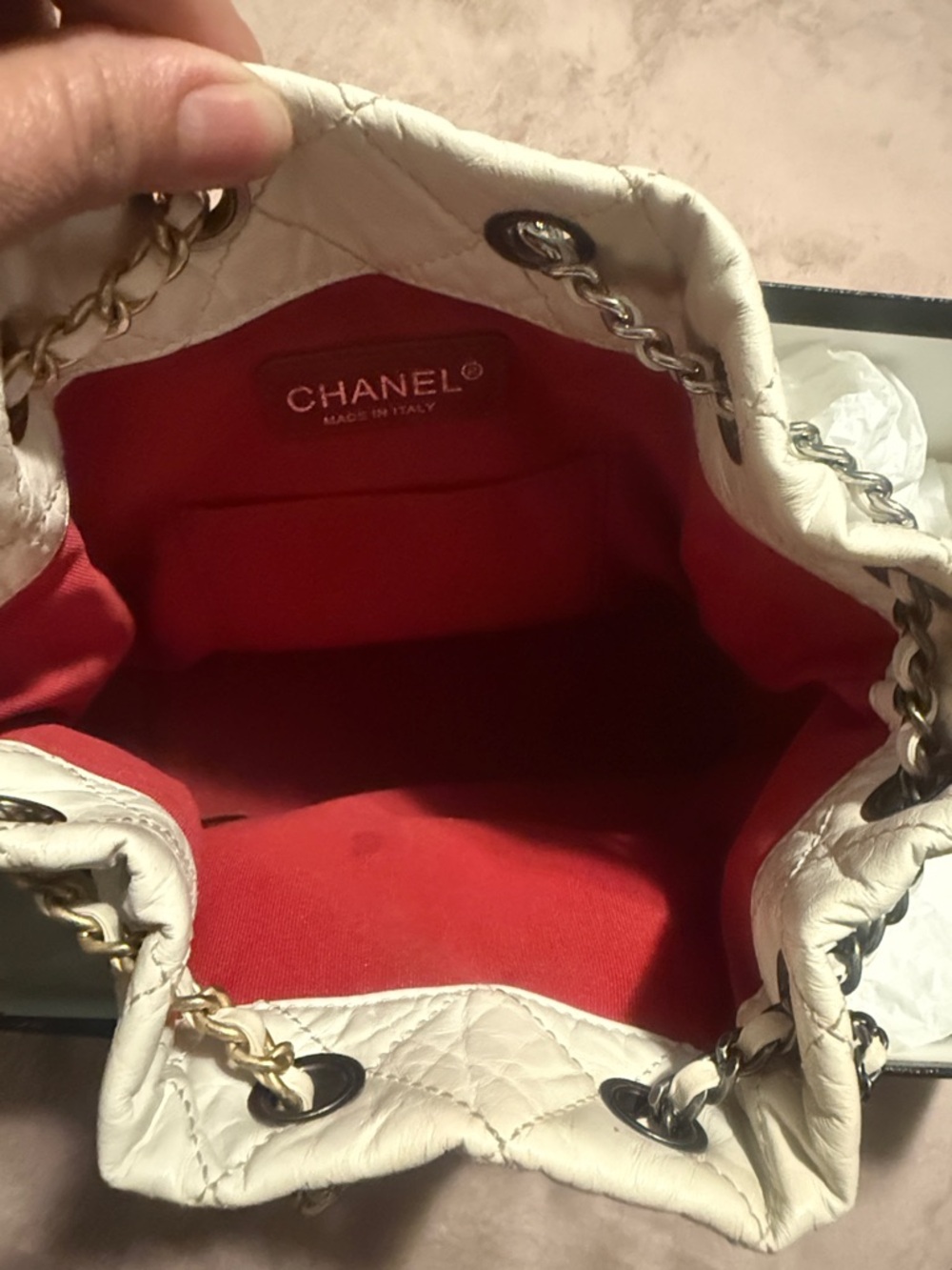 CHANEL White Quilted Lambskin Drawstring Shoulder Bag with Black Base - Picture 8 of 11