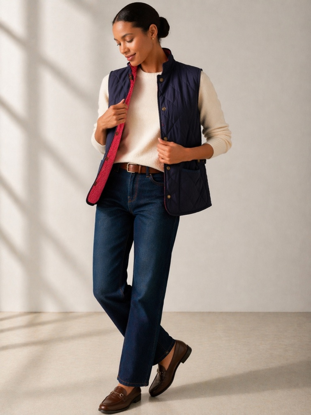 Vintage Talbots Quilted Vest Reversible Navy Red Gingham Petite Preppy Petite