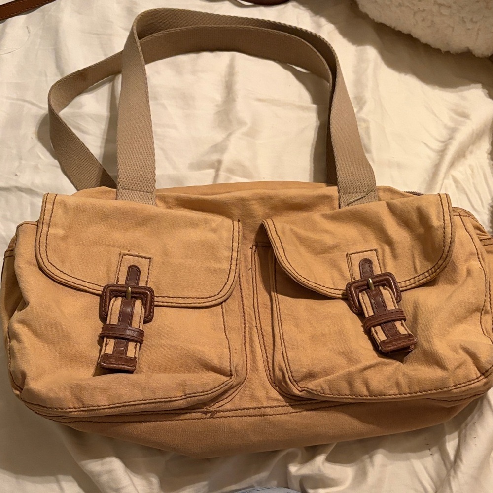 Canvas Tote Bag with Front Flap Pockets - Tan