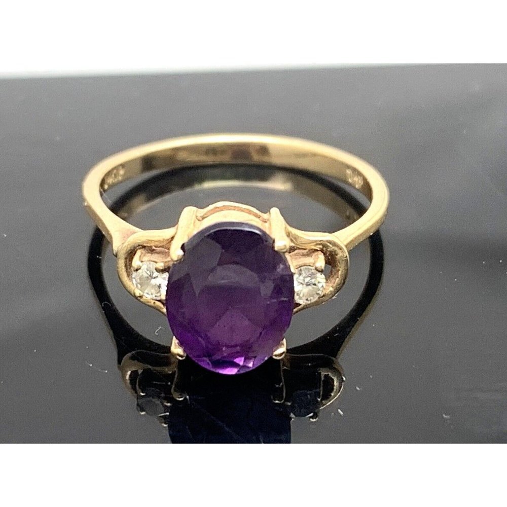 Purple Gemstone Diamond Cocktail Ring 14k Yellow Gold Women's Estate Size 6.5