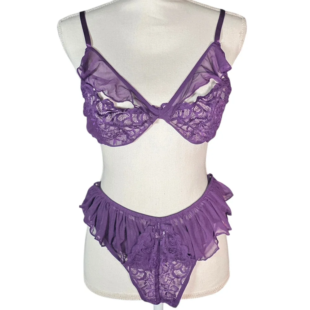 NWT AvidLove Lace Lingerie Lot 3 Bra Panty Sets XXL Purple Red Green - Picture 5 of 10