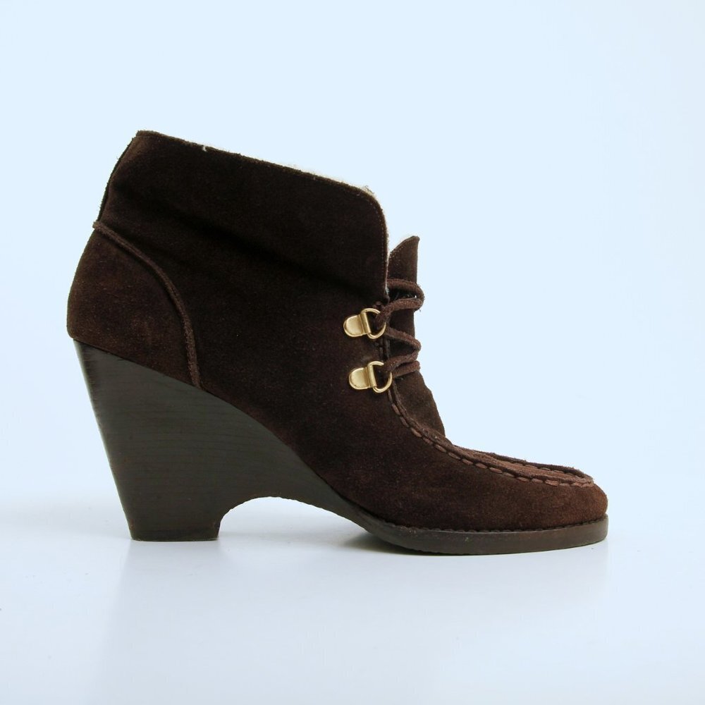 Michael Kors Leather Lace Up Wedge Booties Brown Women Size 8.5 - Picture 3 of 13