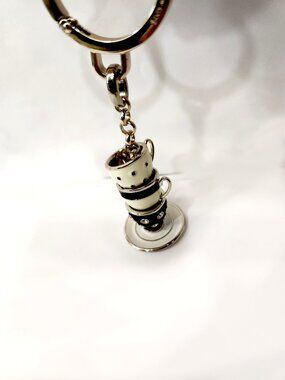 kate spade tea party teacups keychain purse charm fob black white cream gold