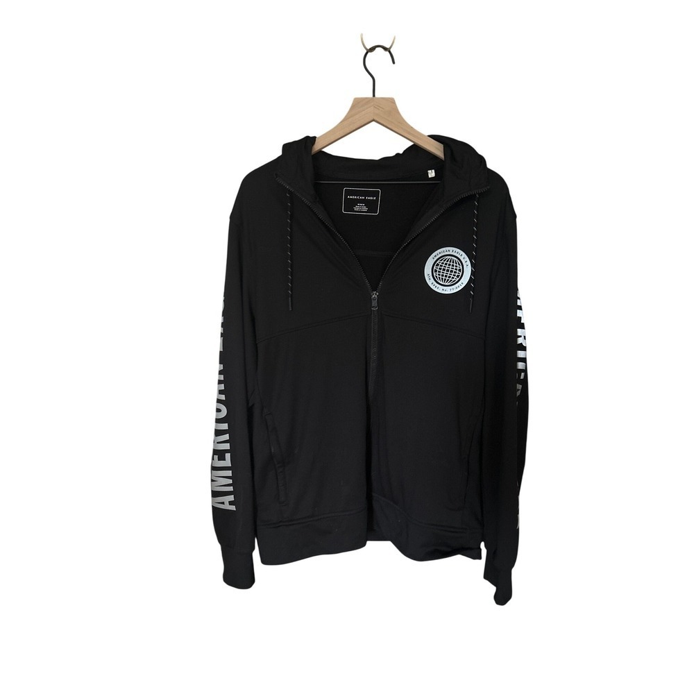 American Eagle Full Zip Hoodie Athleisure Jacket Graphic Logo Black M