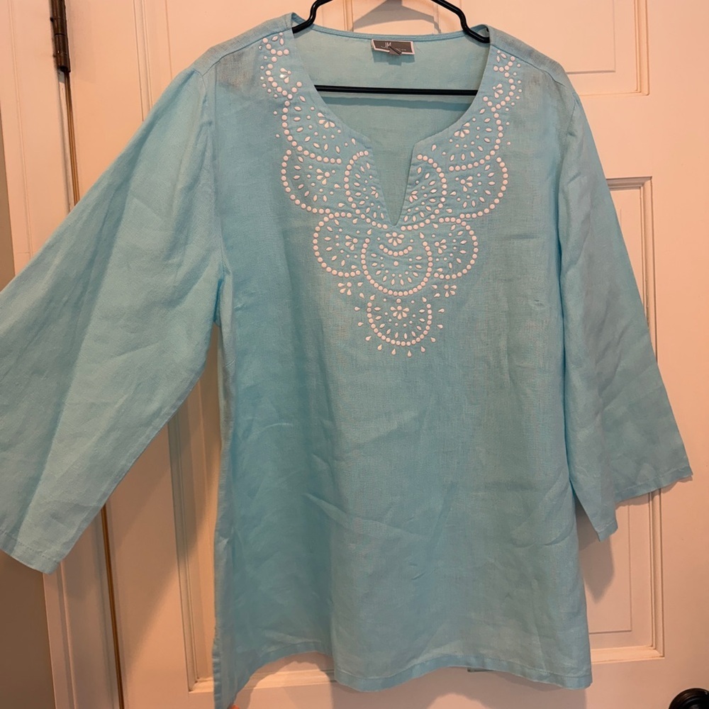 JM Collection Sky Blue Embroidered Tunic 100% linen