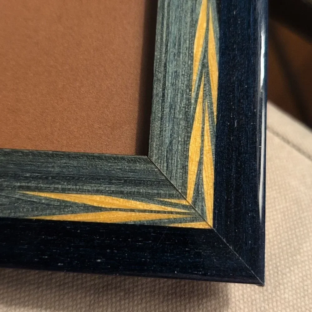 Bella Elegant Blue & Green Wood Inlay Picture Frame Brown Velvet Easel Back - Picture 2 of 8