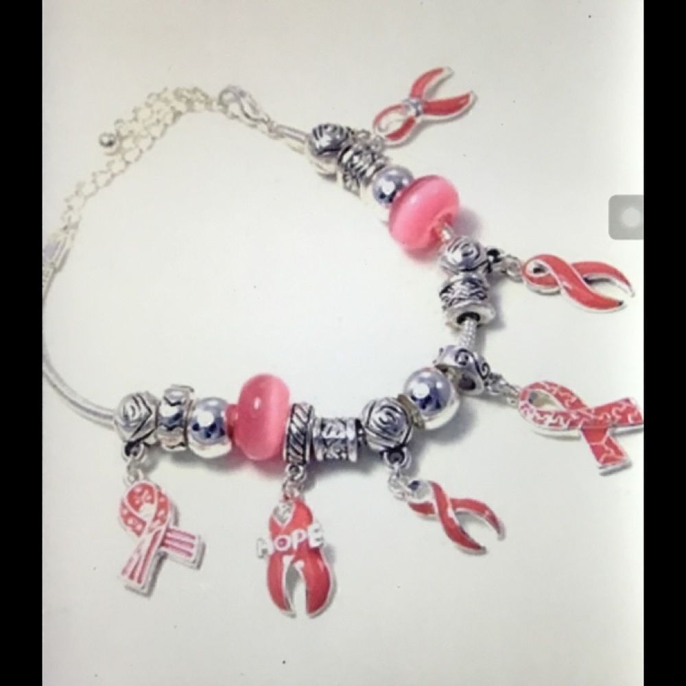 Silver Pink Ribbon Awareness Euro Bead Bracelet