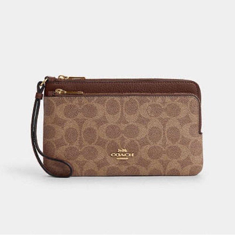 Coach In Signature Canvas Double Zip Wristlet Gold/Tan/Brown