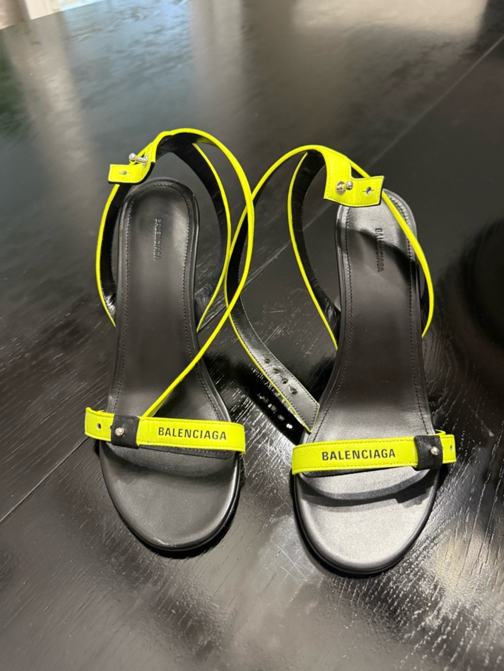 Balenciaga Black Sandals with Neon Yellow Straps and Logo