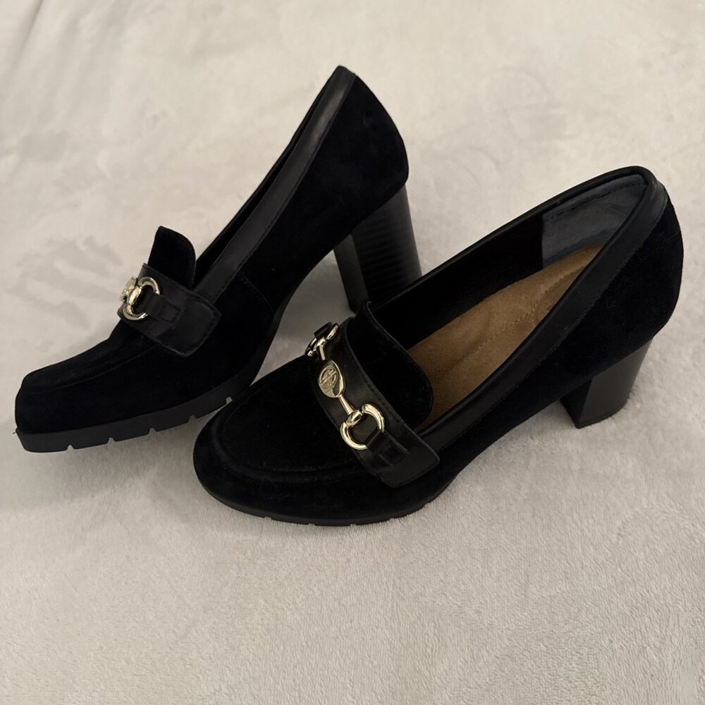 Giani Bernini Porshaa Black Suede Loafer‎ Heels With Gold Buckle Women's Size 8M