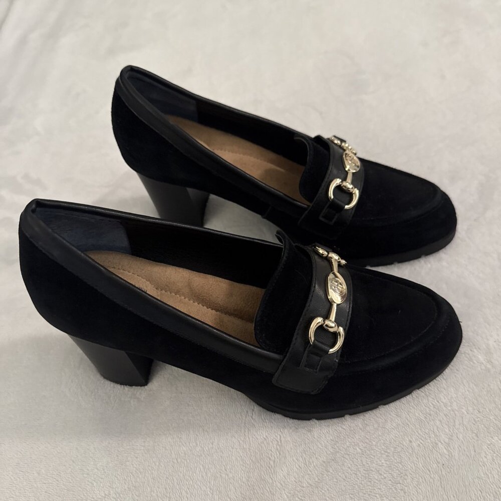 Giani Bernini Porshaa Black Suede Loafer‎ Heels With Gold Buckle Women's Size 8M - Picture 3 of 12