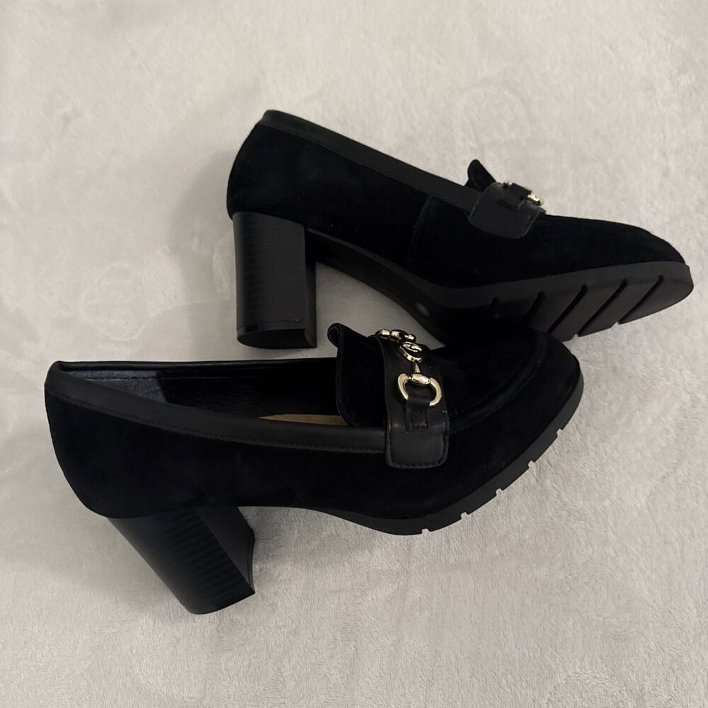 Giani Bernini Porshaa Black Suede Loafer‎ Heels With Gold Buckle Women's Size 8M - Picture 4 of 12