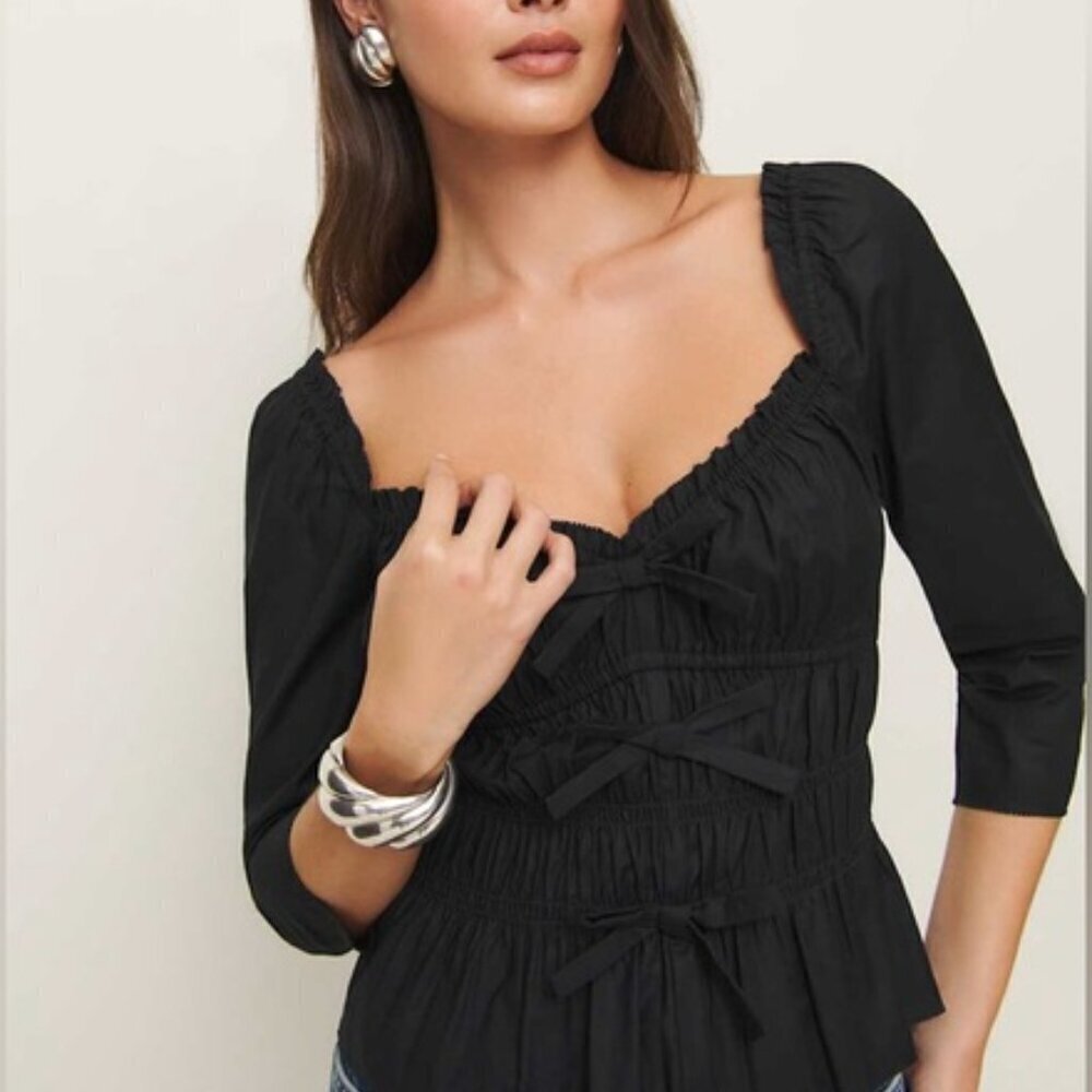 NEW Reformation Lauryn Elegant Cotton Black Top Bows | size 2 - Picture 2 of 11