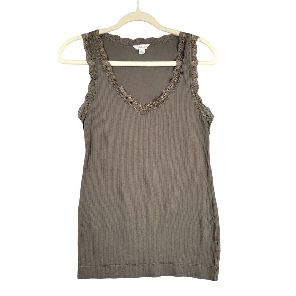 CALVIN KLEIN Brown Lace Trim Ribbed Cami Fairy Grunge Camisole SIZE MEDIUM