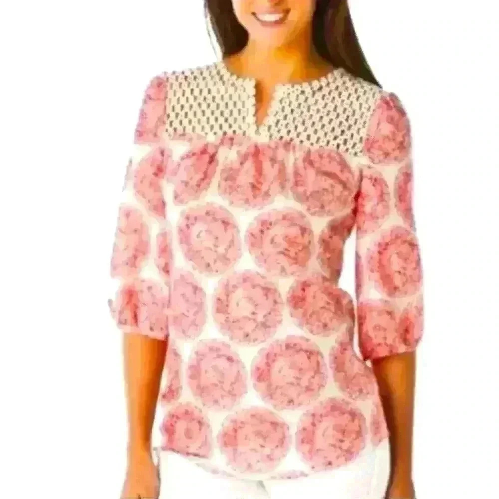 Calypso St. Barth for Target 100% Silk 3/4 Sleeve Crochet Top Size Medium