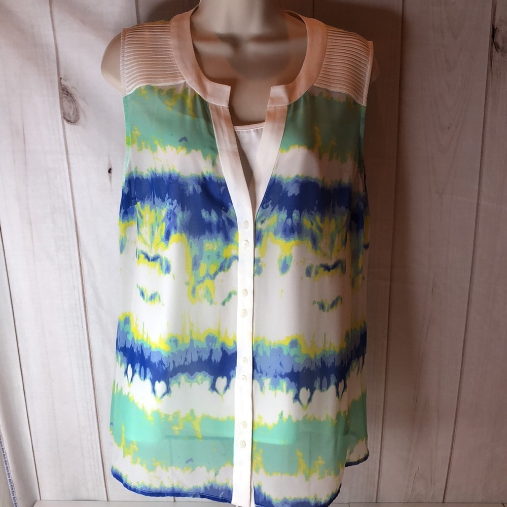 Catherine Malandrino Blue White Yellow Mint Sleeveless Sheer Top w Cami size 8
