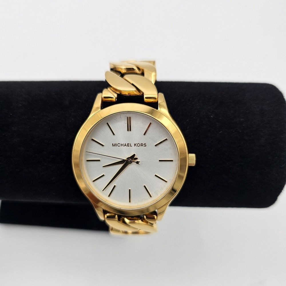 Michael Kors Women Watch Slim Runway Curb Chain Gold Tone MK7472 White Dial 38mm