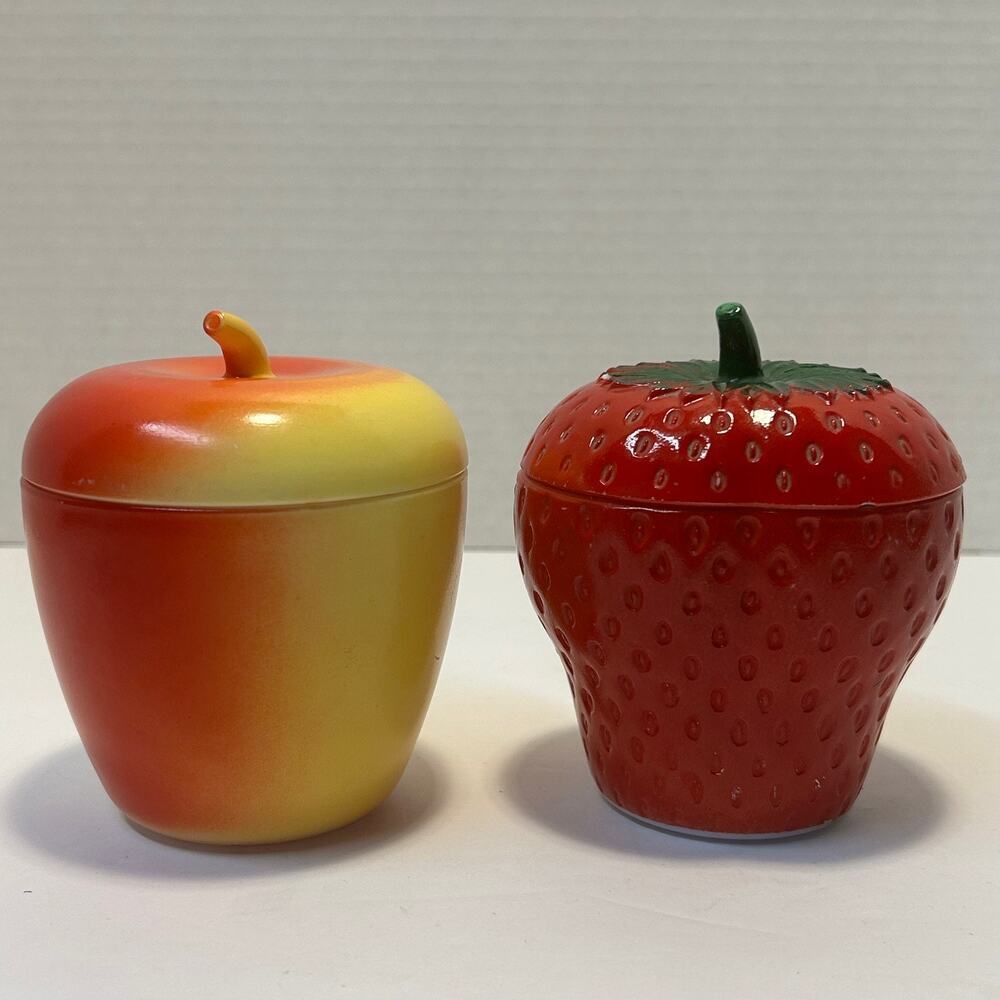 Vintage Hazel Atlas MCM Milk Glass Jelly Jars Apple Strawberry Set of 2‎