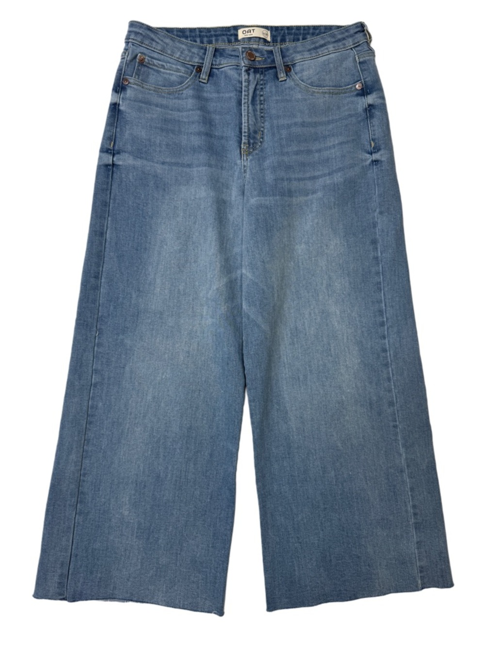 {OAT New York} Blue High Rise Ankle Crop Length Wide Leg Raw Hem Stretch Jeans