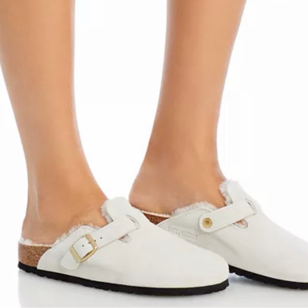 Birkenstock White Shearling-Lined Clog Mules