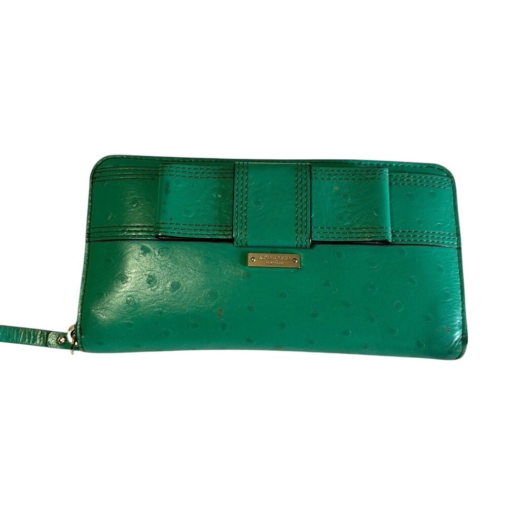 Kate Spade Charm City Collection Bow Green Ostrich Leather  Zip Wristlet Wallet