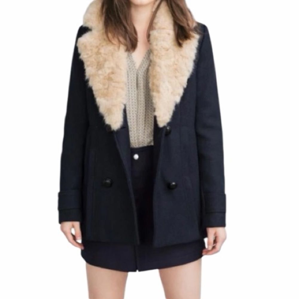 Zara Trafaluc Black Double Breasted Wool Pea Coat Faux Fur Collar Navy Blue Sz S