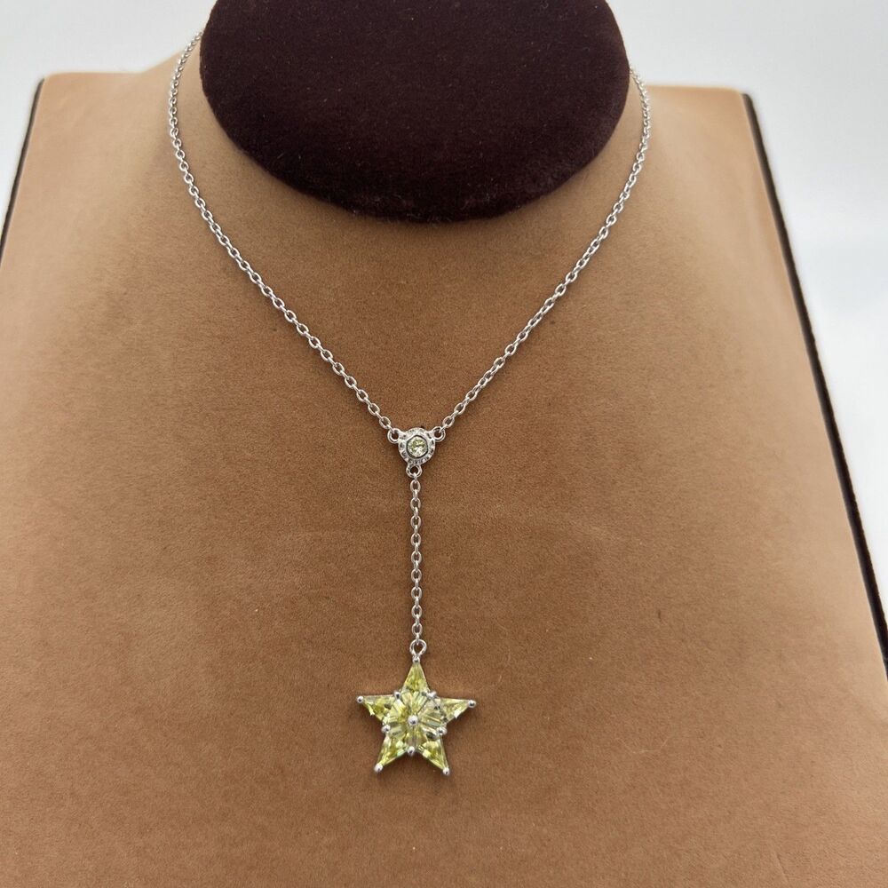 Sparkling CZ Sterling Silver Necklace Citrine Yellow Star Y Drop Necklace 16"
