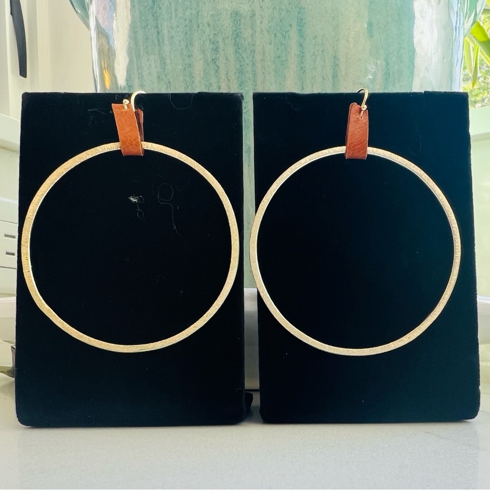 Handmade Large Gold Hoop Earrings with Brown Leather Hooks