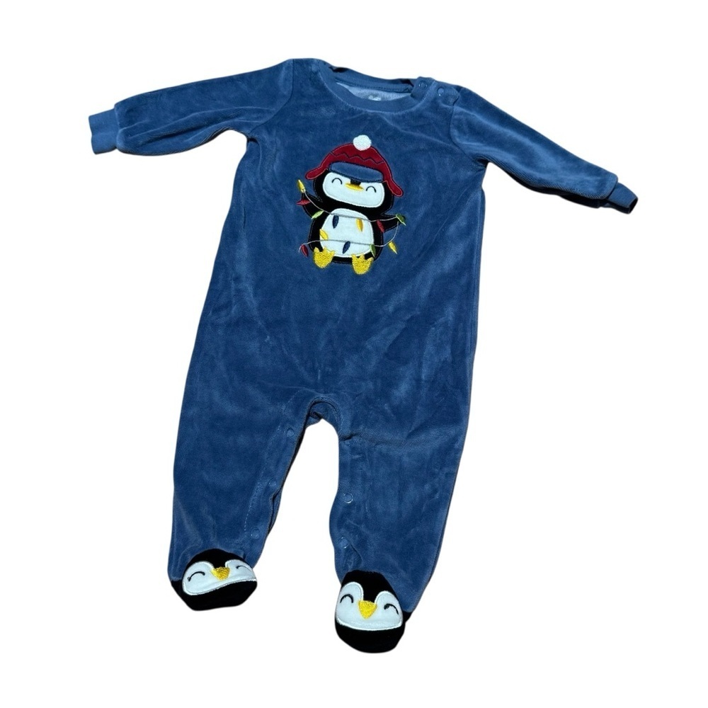 Koala Baby Blue Christmas Pajama Footed Penguin Soft Velour Baby Boy 3-6M