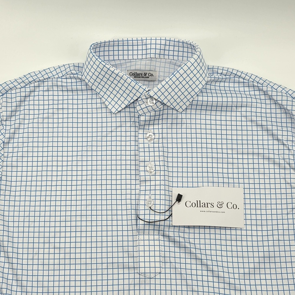 Collars &‎ Co Dress Relaxed Polo Shirt Men's Medium Blue White Gingham Stretch