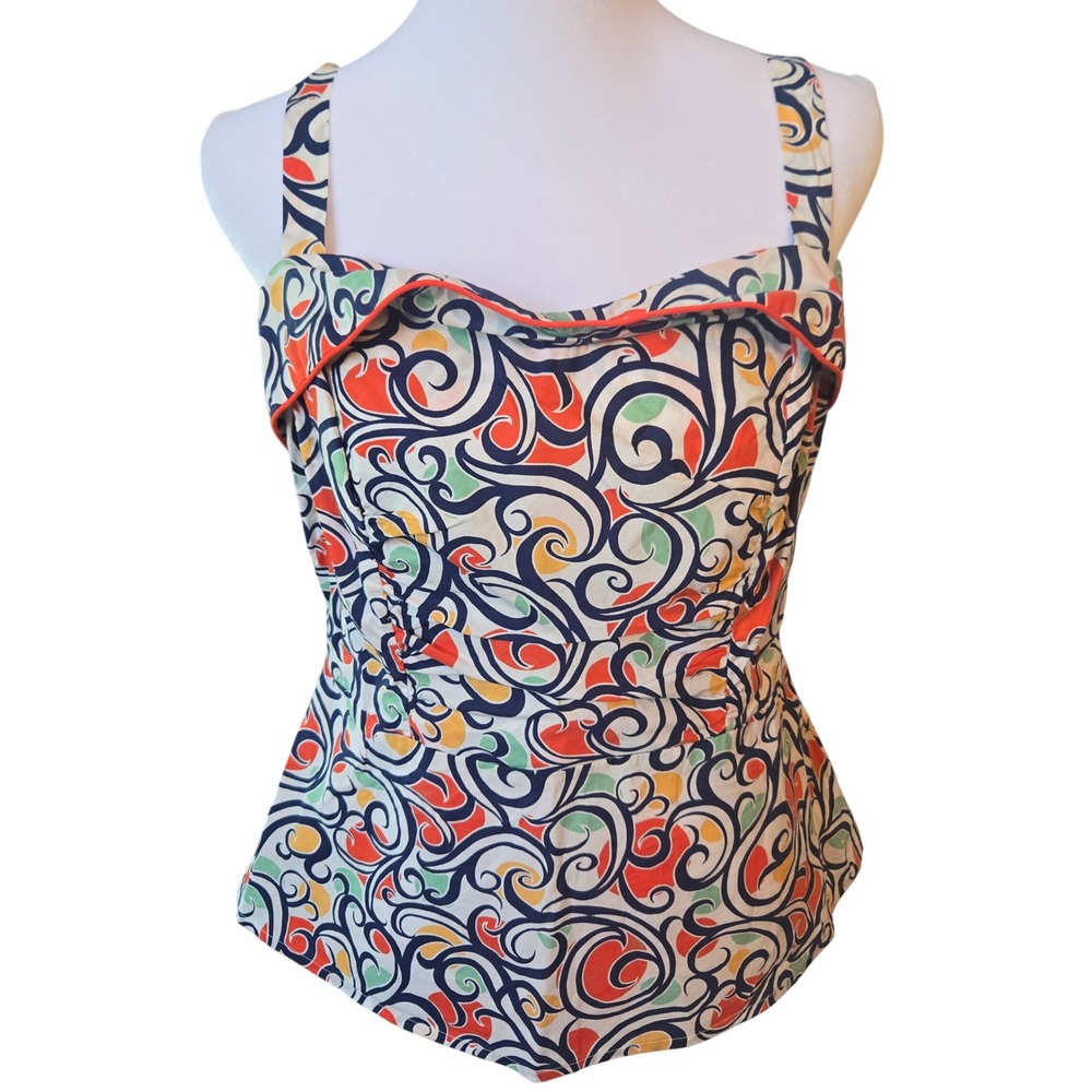 Cabi Women Multicolor Scroll Print Cotton Peplum Tank Top Smocked Back Size 8