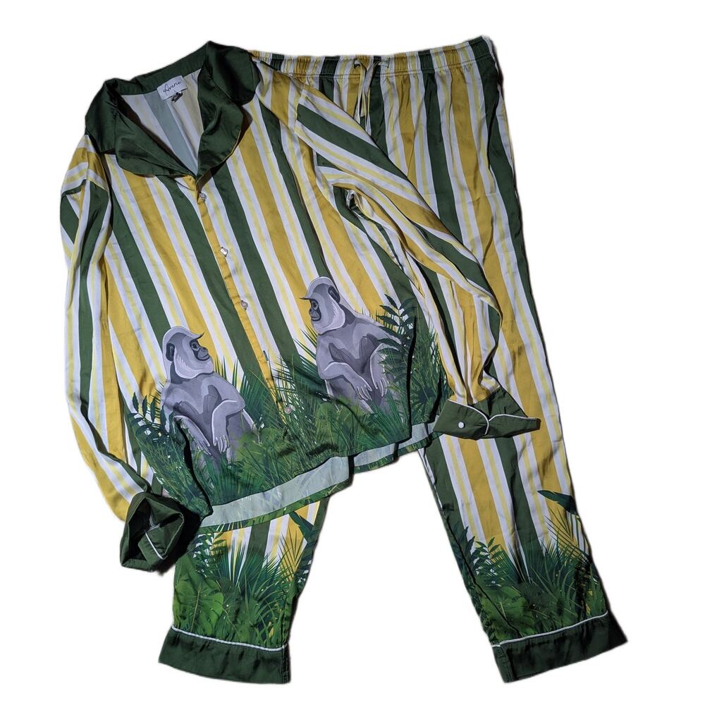 Averie Uma Green Yellow Striped Gorilla Graphic Two Piece Satin Pajama Set Sz L