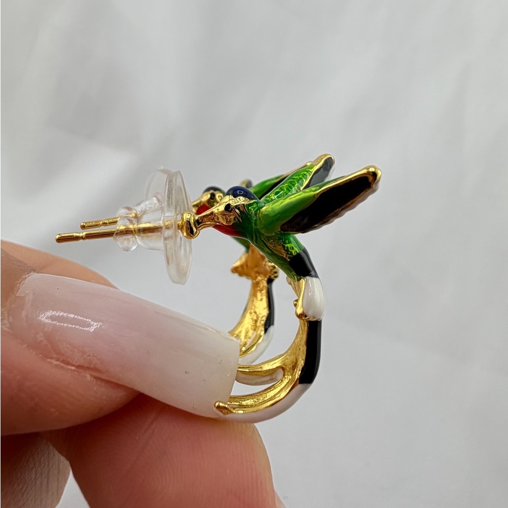 Hummingbird Hoop Earrings with Green and Gold Accents - Picture 5 of 14