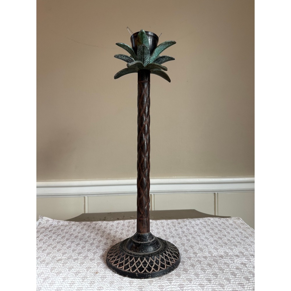 Vintage Cast Iron Palm Tree Candlestick Holder 15 Inch Tall Tropical Verdigris