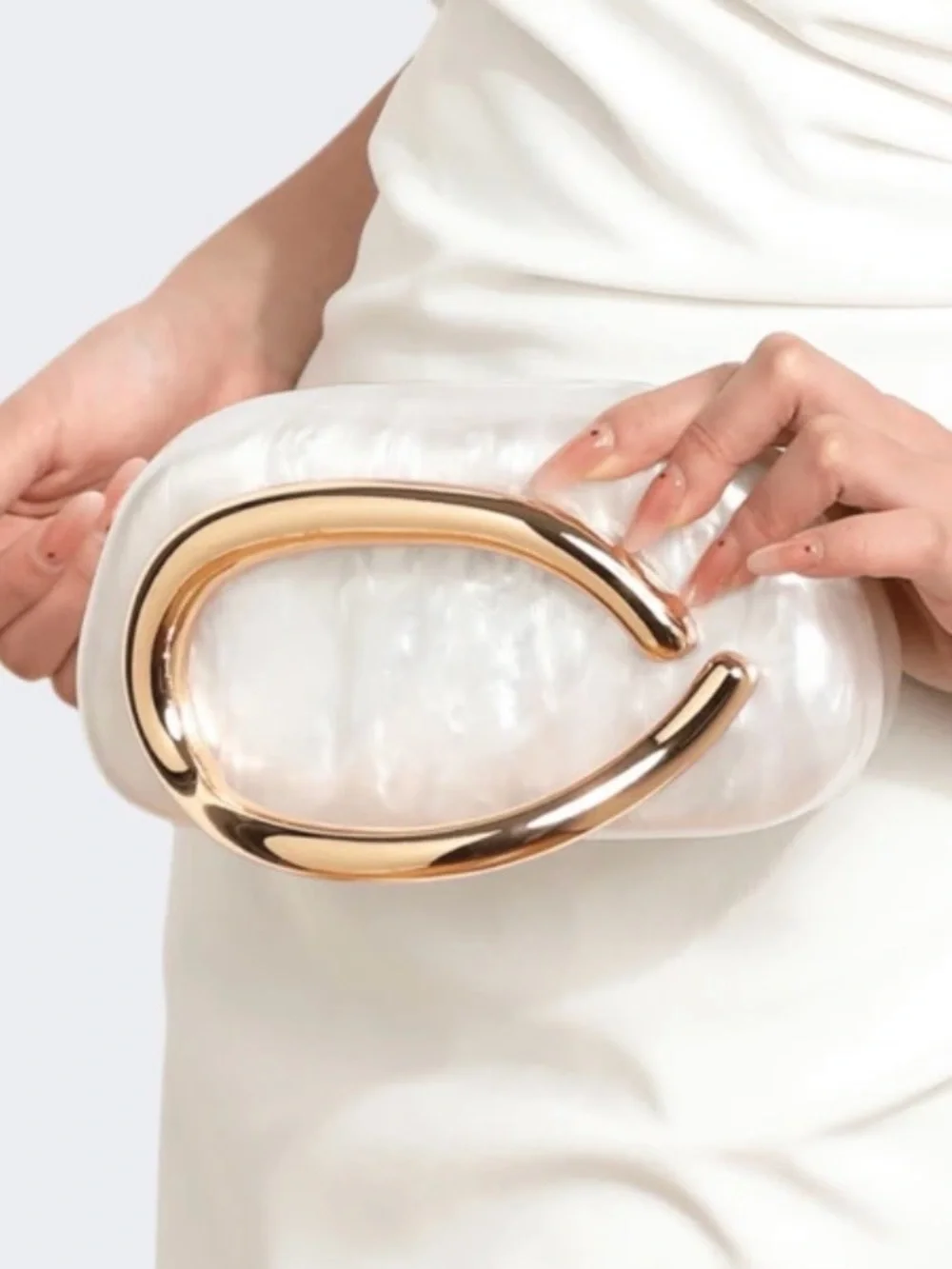 Pearlescent White Shoulder Clutch with Gold Accent - Picture 2 of 5