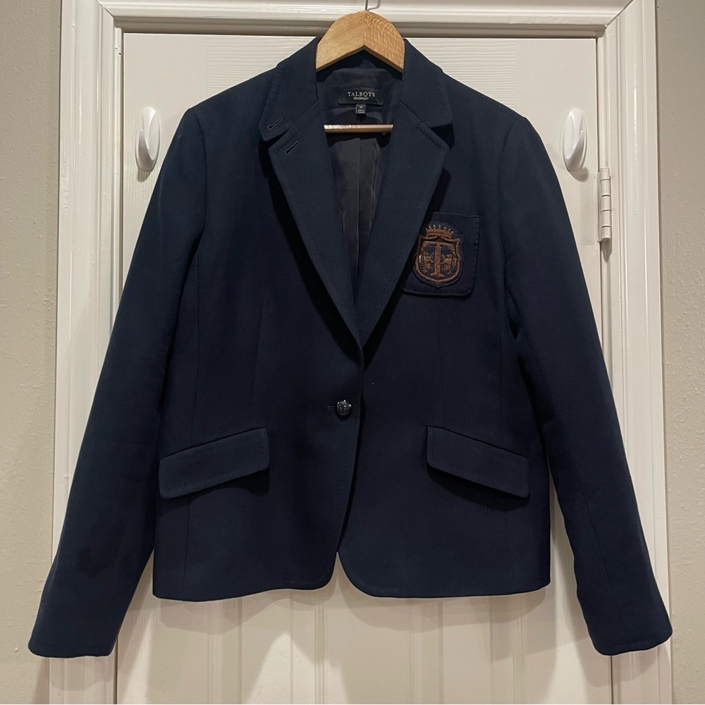 Talbots Blazer Women’s 14 Navy Logo Patch Buttons Preppy Classic Academia Office