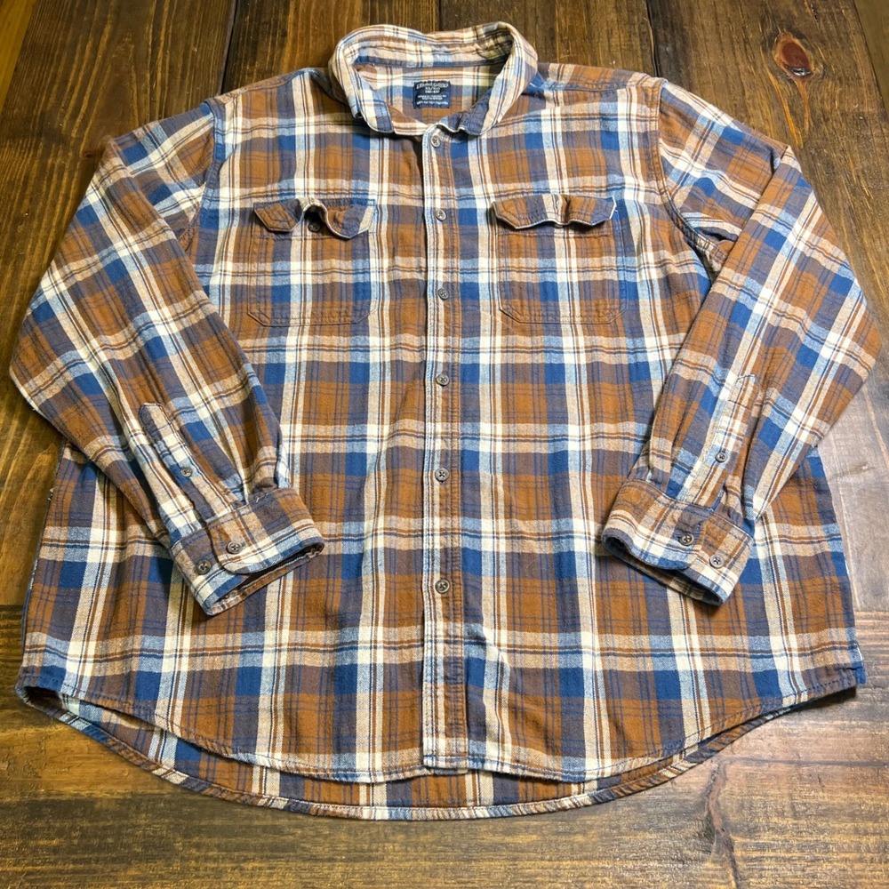 Faded Glory Mens XL Brown Blue Plaid Flannel Button Down Shirt FM47Y020 Cotton