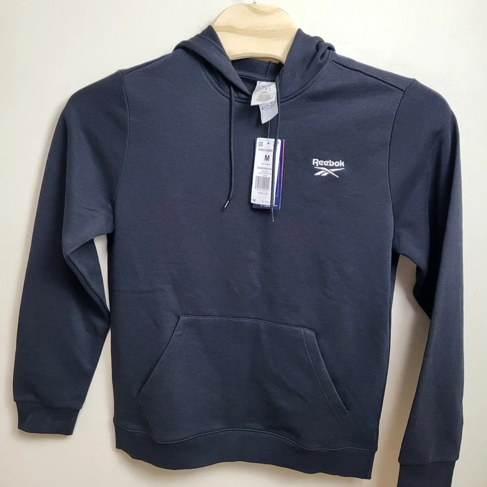Reebok Identity Small Logo Fleece Hoodie Black‎ Men's Size M NWT Pockets - Picture 2 of 6