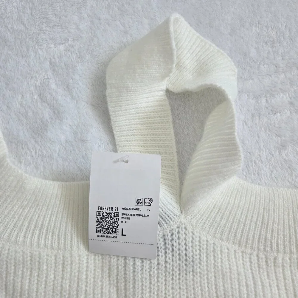 Forever 21 White Off the‎ Shoulder Sweater Large NWT Crisscross Ribbed Coquette - Picture 7 of 12