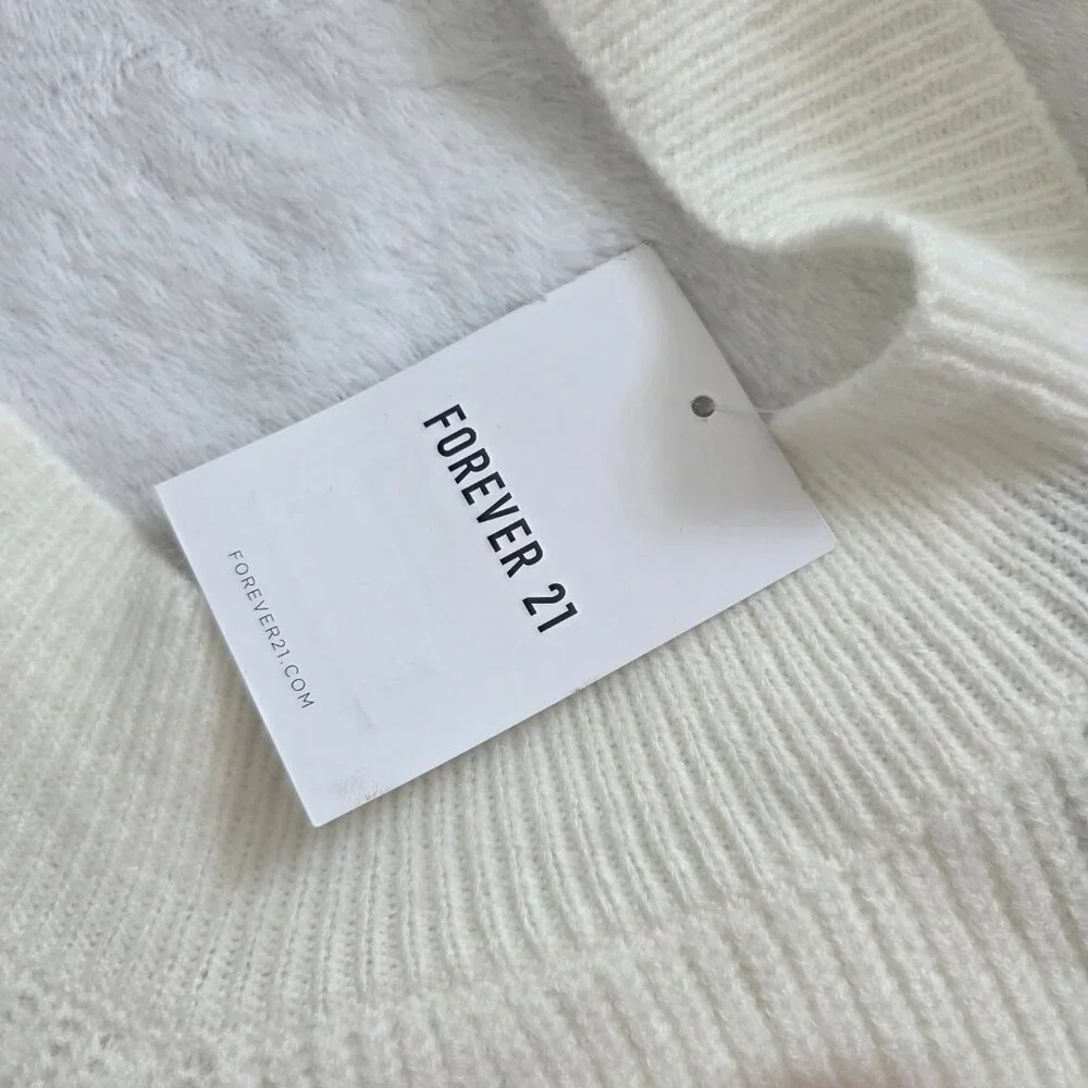 Forever 21 White Off the‎ Shoulder Sweater Large NWT Crisscross Ribbed Coquette - Picture 11 of 12