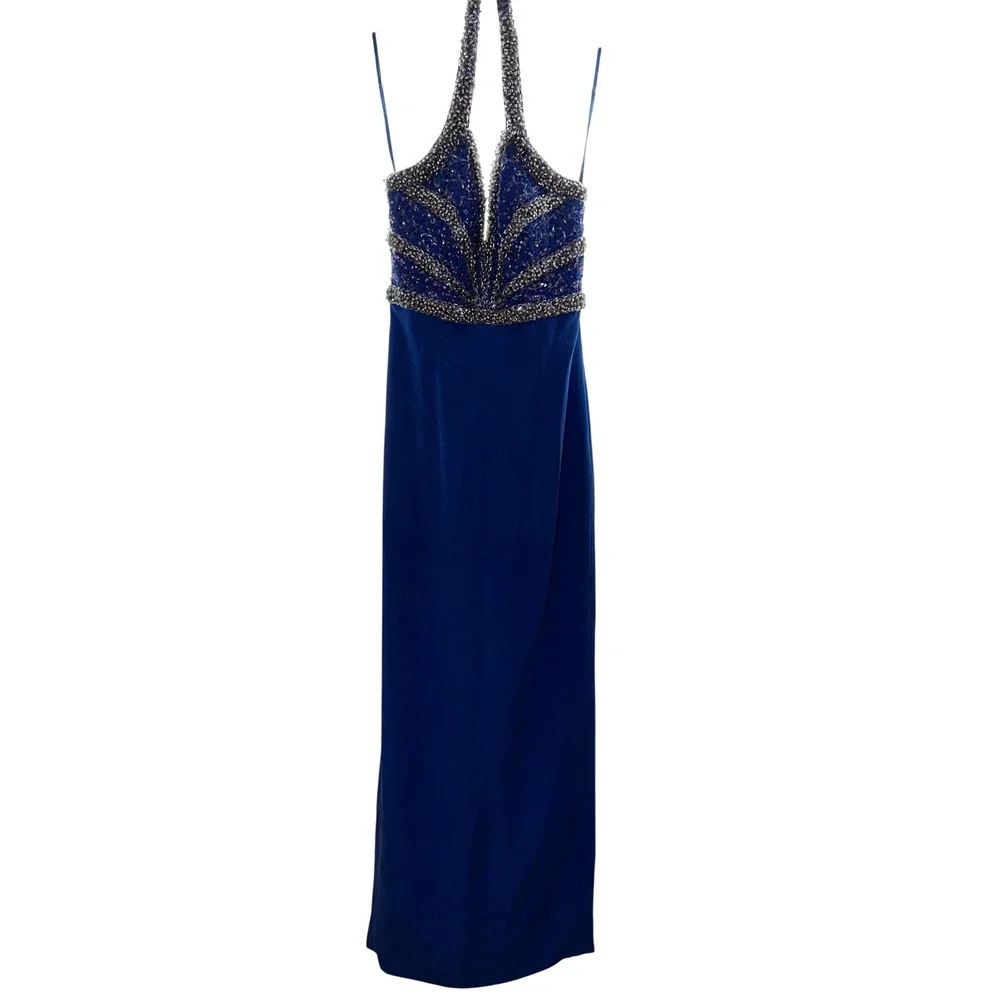 Vintage Royal Blue Silk Beaded Halter Formal‎ Prom Cocktail Dress Size 8 - Picture 2 of 7