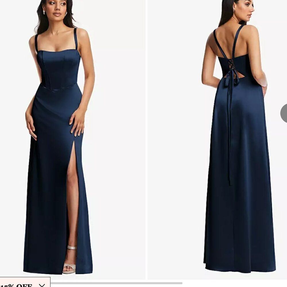 After Six Lace Up Tie-Back Corset Maxi Dress with Front Slit in Midnight Navy 12