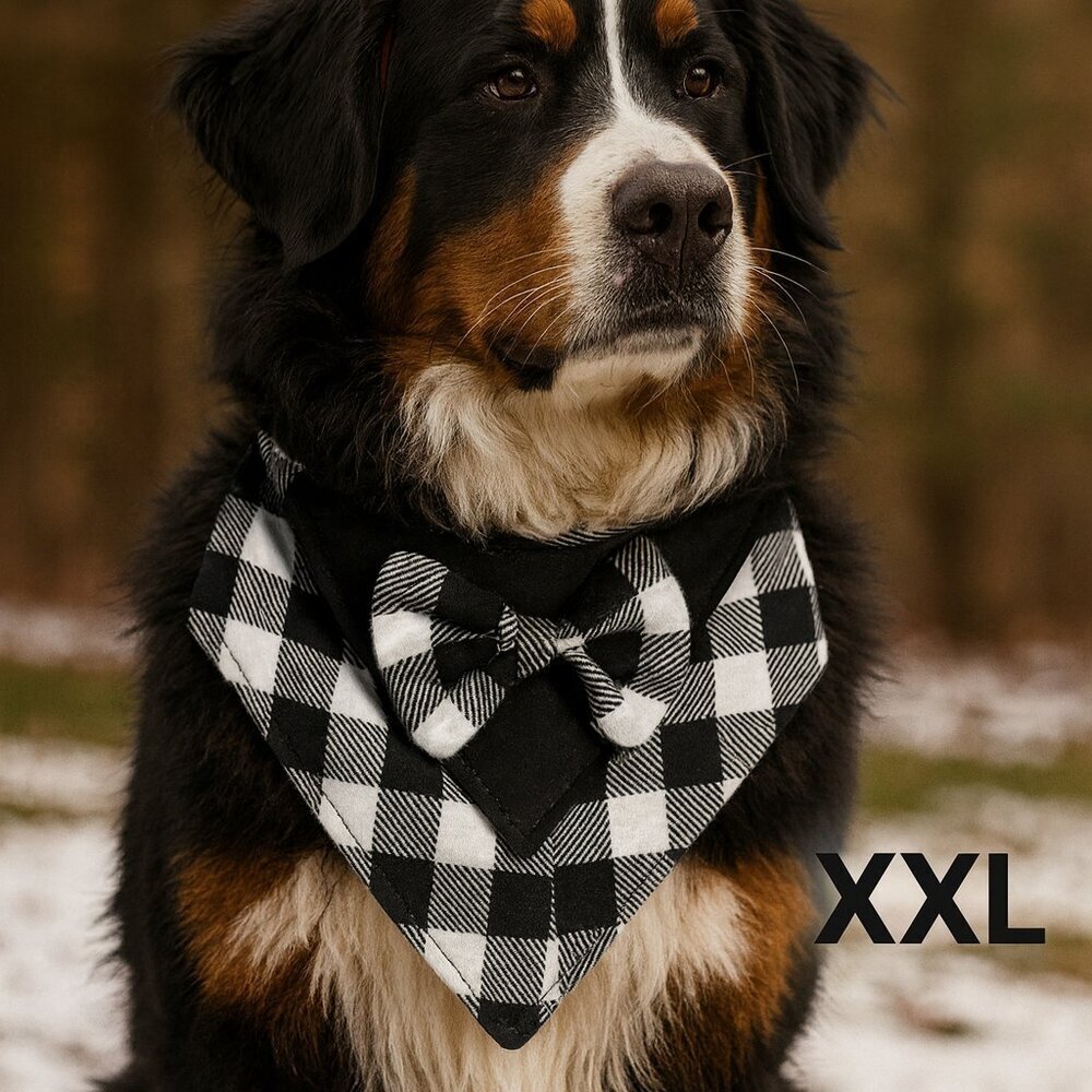 Luxury XXL Buffalo Plaid Dog Bandana with Bow Tie – Handmade Winter Style