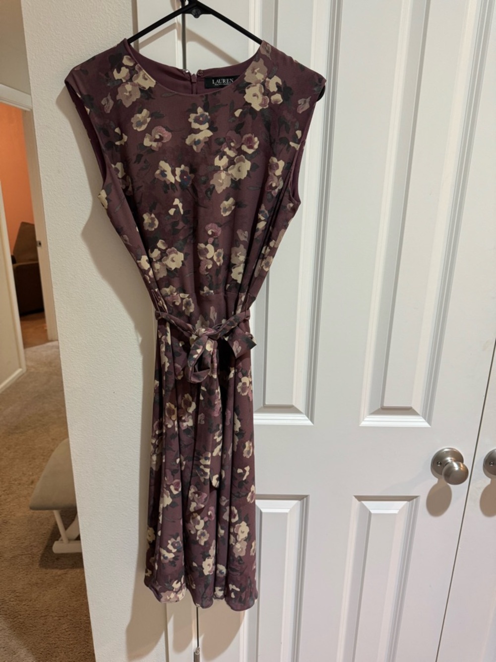 Ralph Lauren Dusty Mauve Floral Midi Dress with Tie Waist