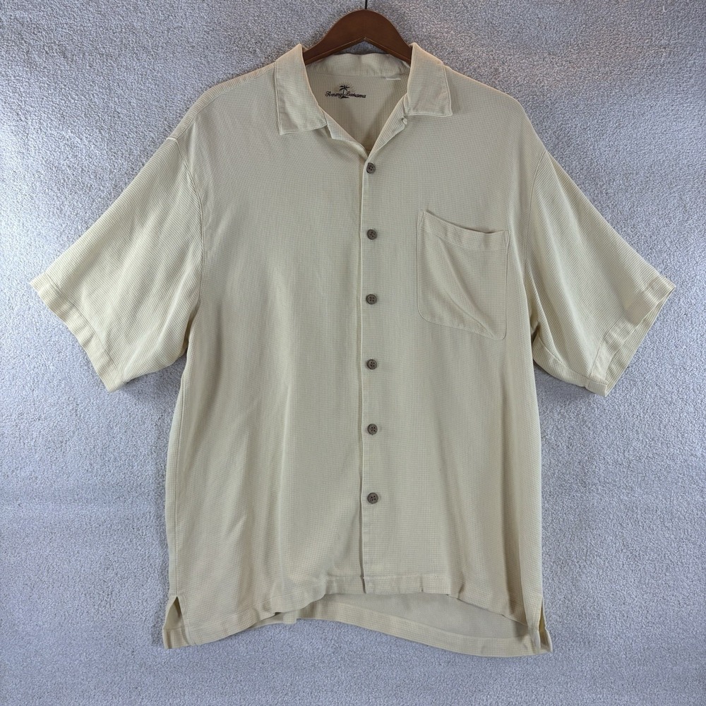 Tommy Bahama Shirt Mens L Ivory Button Up Silk Hawaiian Camp Solid Textured‎ Vtg