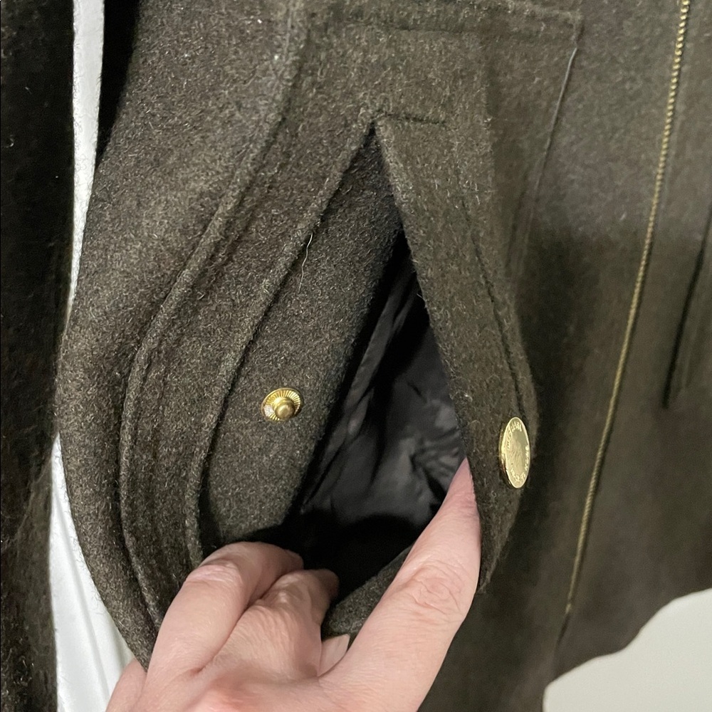 Michael Kors Wool Car Utility Pea Coat Dark Brown Hooded Size Large Gold Zipper - Picture 8 of 17